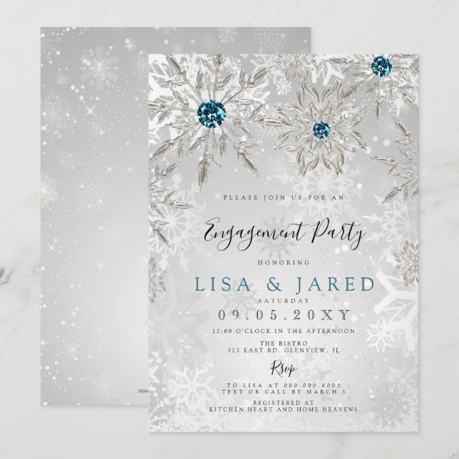 Invitation Silver Aqua Snowflakes (Devant / Derrière)