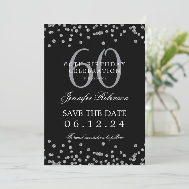 Invitation Silver Black 60th Birthday Enregistrer la date et  (Debout devant)