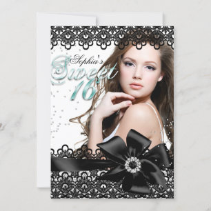 Invitation Silver Black Jade dentelle photo Sweet 16 Invitati