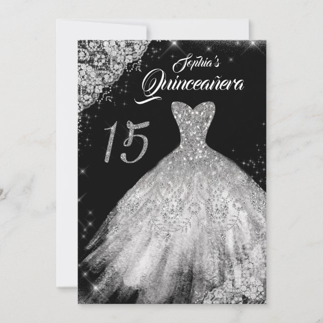 Invitation Silver Black Lace Diamond Étincelle Gown Quinceane (Devant)