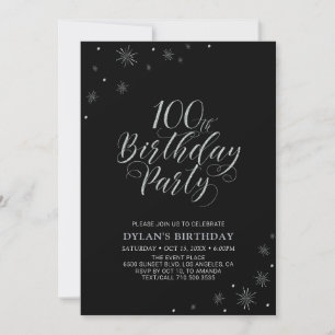 Invitation Silver & Black   Moderne fête d'anniversaire 100 a