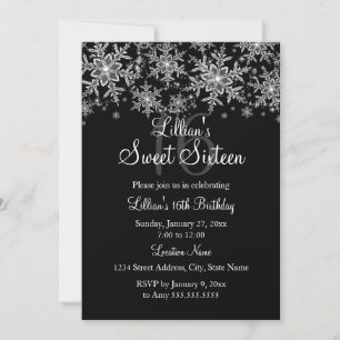 Invitation Silver & Black Sparkle Snowflake Sweet 16 Invitati