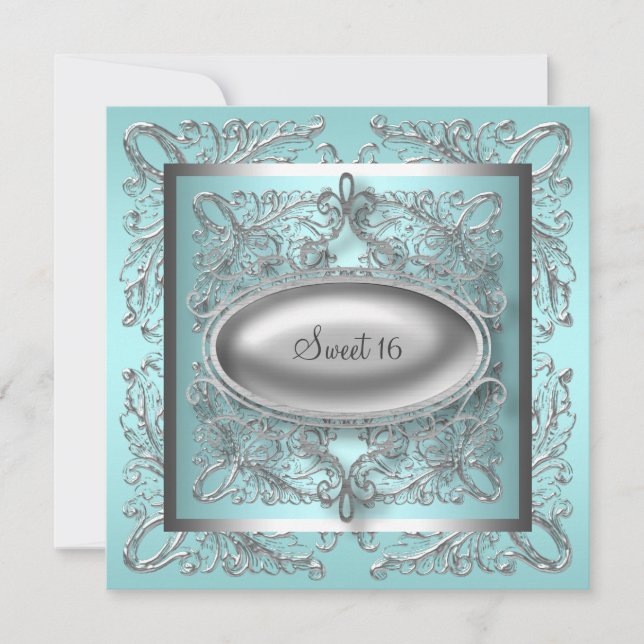 Invitation Silver Blanc Turquoise Bleu doux 16 Anniversaire (Devant)
