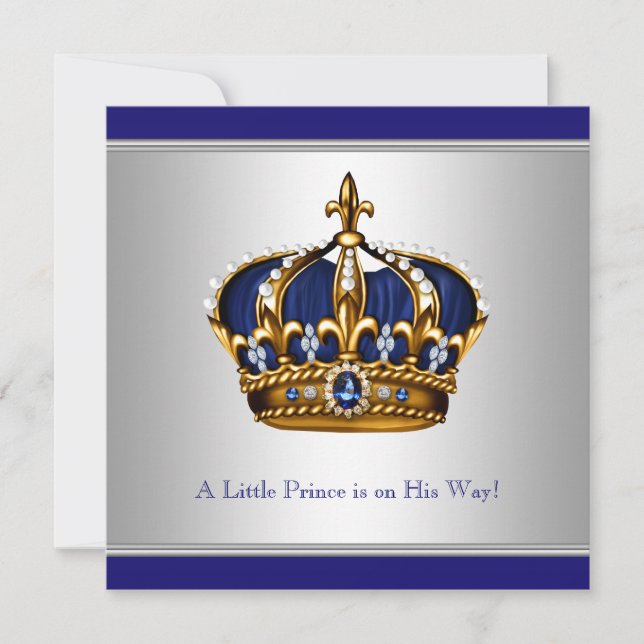 Invitation Silver Blue Crown Prince Baby Boy Douche (Devant)