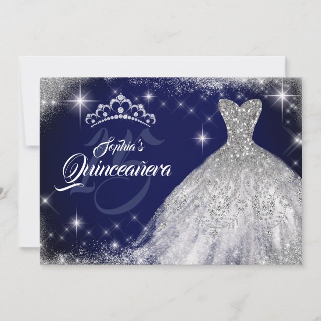 Invitation Silver Blue Dentelle Diamond Gown Tiara Quinceaner (Devant)