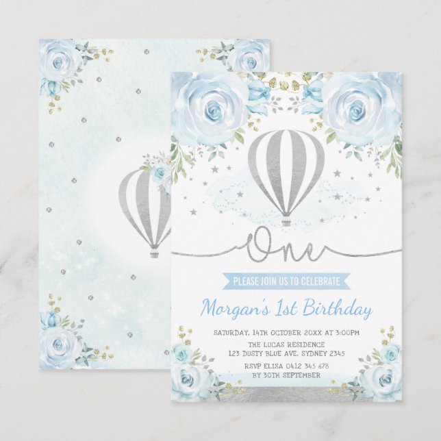 Invitation Silver Blue Floral Hot Air Balloon 1er anniversair (Devant / Derrière)
