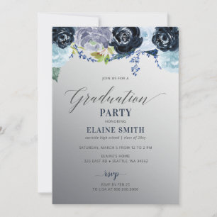 Invitation Silver Blue Floral Photo Graduation Party