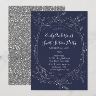 Invitation Silver Blue Floral Sweet 16 Anniversaire