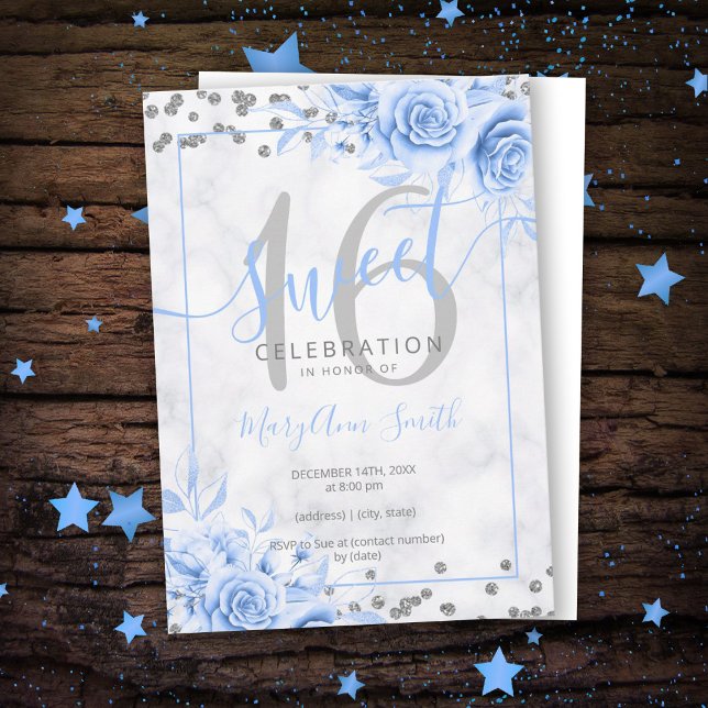 Invitation Silver Blue Floral Sweet 16 Parties scintillant en (Créateur téléchargé)