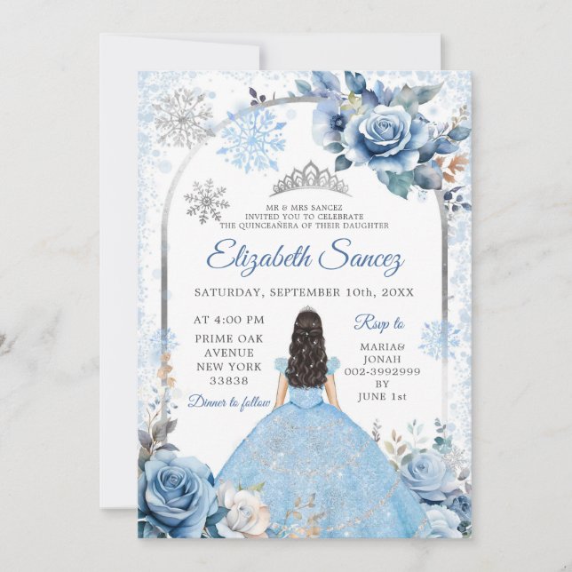 Invitation Silver Blue Magique Hiver Flocon de neige Quinceañ (Devant)
