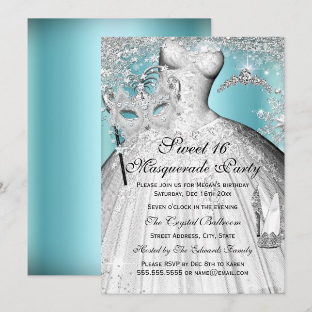 Invitation Silver Blue Princess Masquerade Sweet 16 Invitatio (Devant / Derrière)
