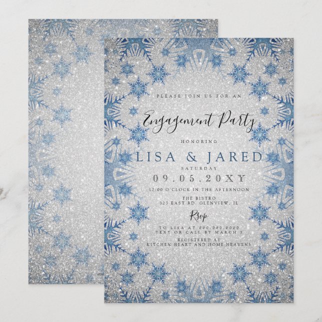 Invitation Silver Blue Snowflakes (Devant / Derrière)