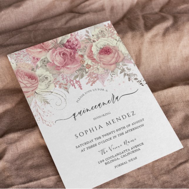 Invitation Silver & Blush Enchanted Floral Quinceanera Party (Créateur téléchargé)