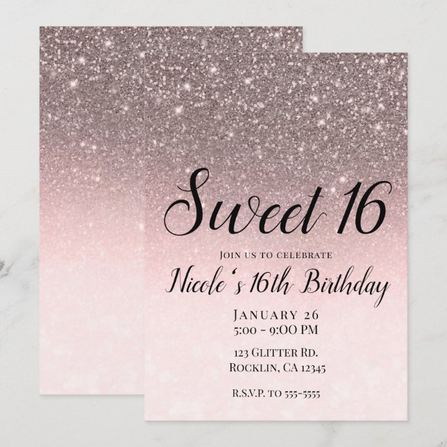 Invitation Silver & Blush Parties scintillant rose étincelle  (Devant / Derrière)