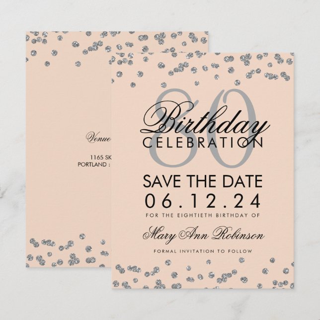 Invitation Silver Blush Pink 80e anniversaire Date de sauvega (Devant / Derrière)