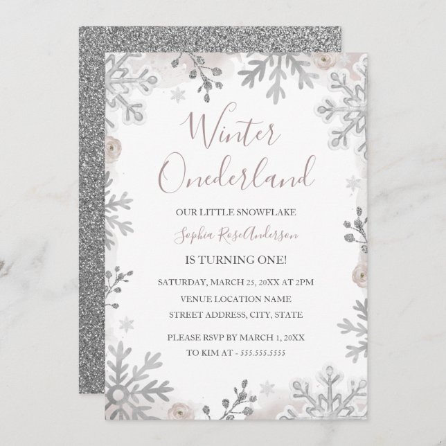 Invitation Silver Blush Winter Onederland 1er anniversaire (Devant / Derrière)