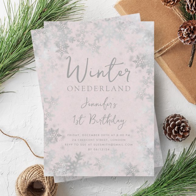 Invitation Silver Blush Winter ONEDERLAND 1er anniversaire (Silver Blush Winter ONEDERLAND 1st Birthday Invitation)