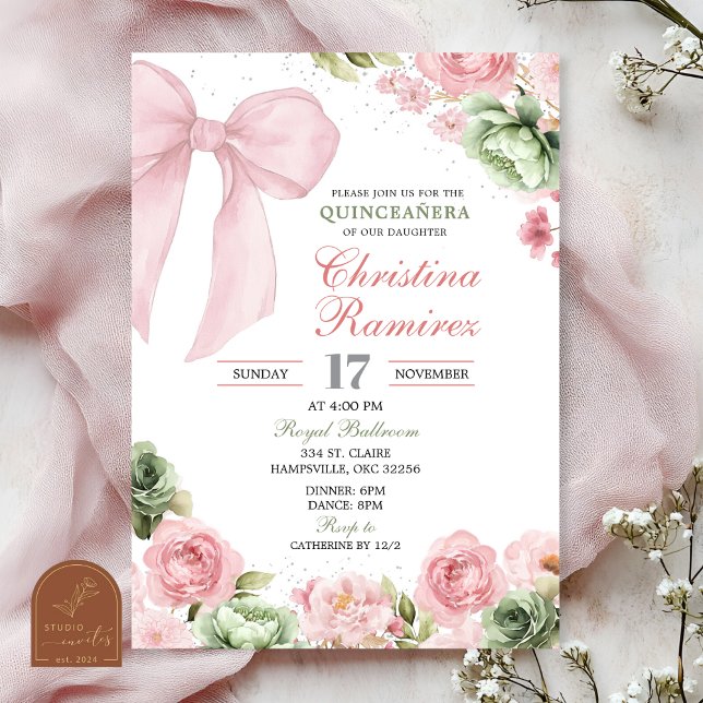 Invitation Silver Bow Sage Pink Coquette Floral Quinceanera (Créateur téléchargé)