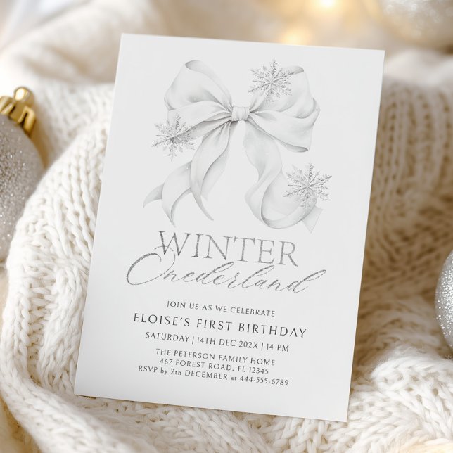 Invitation Silver Bow Winter Onederland 1st Birthday (Créateur téléchargé)