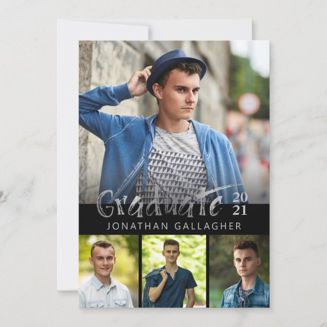 Invitation Silver Brush Graduate 4 Photo Collage noir (Devant)