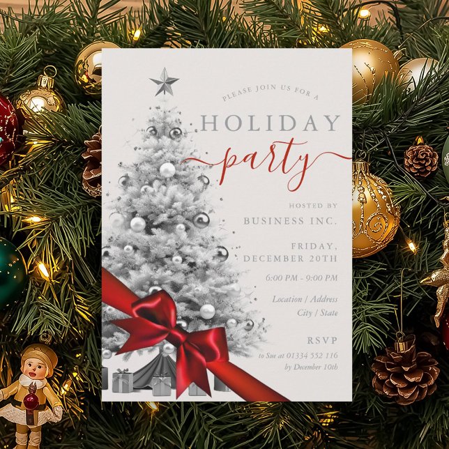 Invitation Silver Christmas Tree Red Bow Corporate Holiday  (Silver Christmas Tree Red Bow Corporate Holiday Invitation)