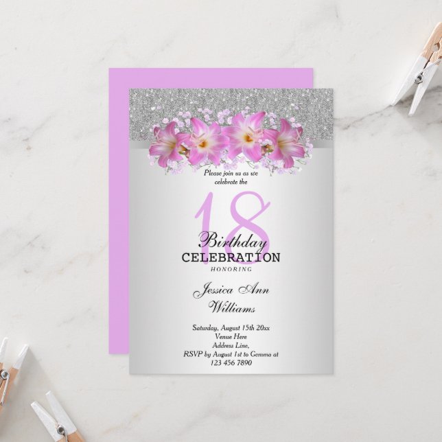 Invitation Silver Classy & Belladonna Lilies 18e anniversaire (Devant/Arrière en situation)