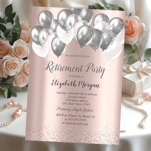 Invitation Silver Confetti Ballons Rose Gold Retraite (Créateur téléchargé)