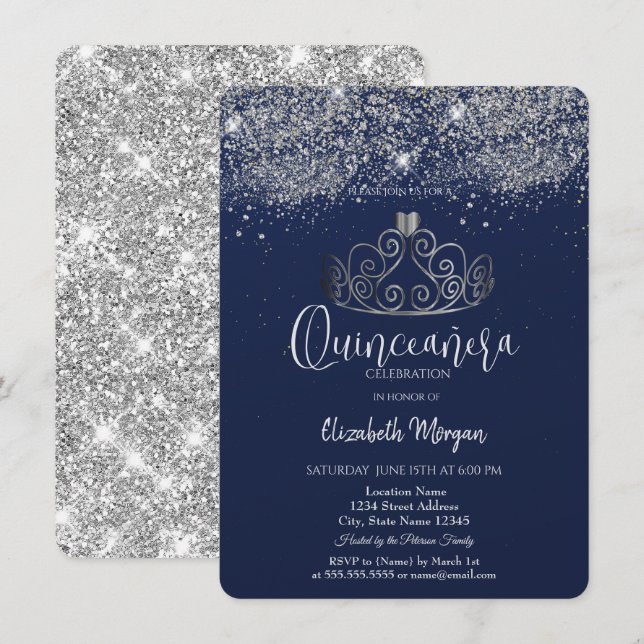 Invitation Silver Crown Glitter Confetti  Blue Quinceañera   (Devant / Derrière)