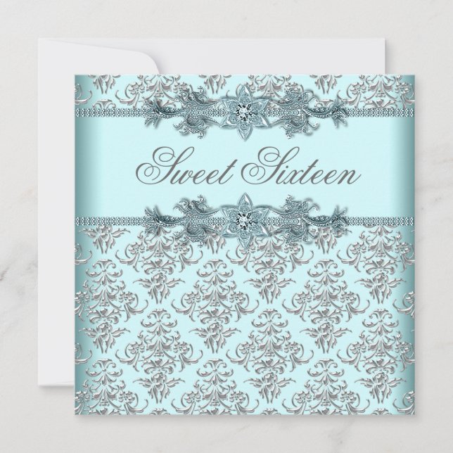 Invitation Silver Damask Turquoise Blue Sweet 16 Anniversaire (Devant)