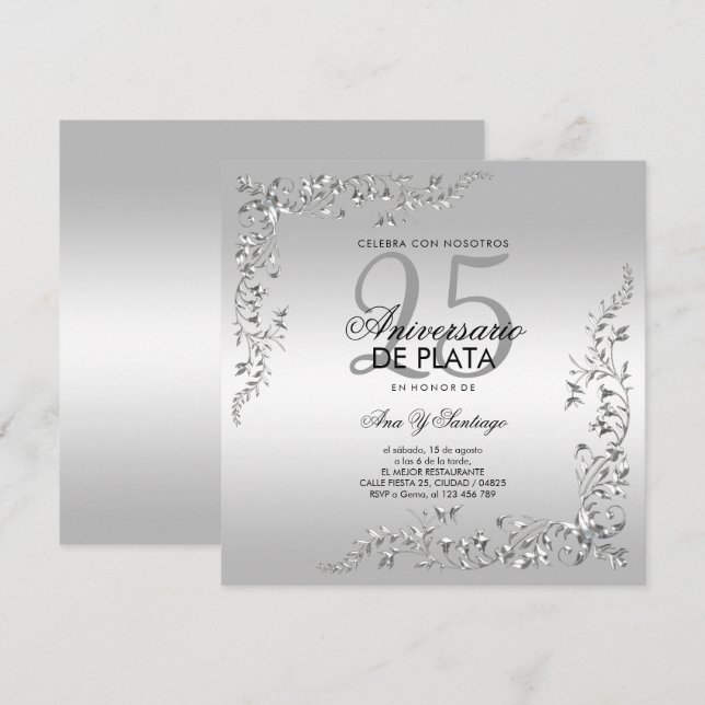 Invitation Silver Decoration 25th Wedding Anniversary  (Devant / Derrière)