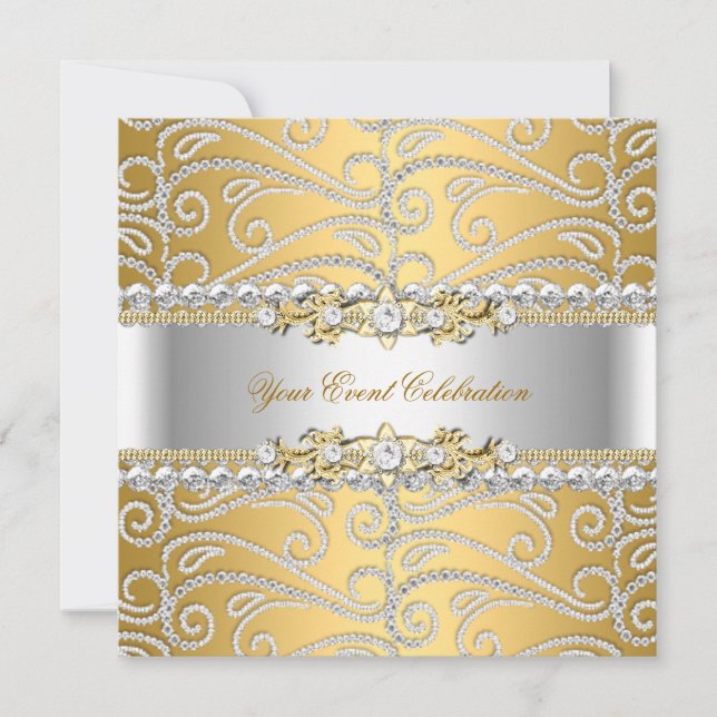Invitation Silver Diamond Blanc Or Elégante fête d'anniversai (Devant)
