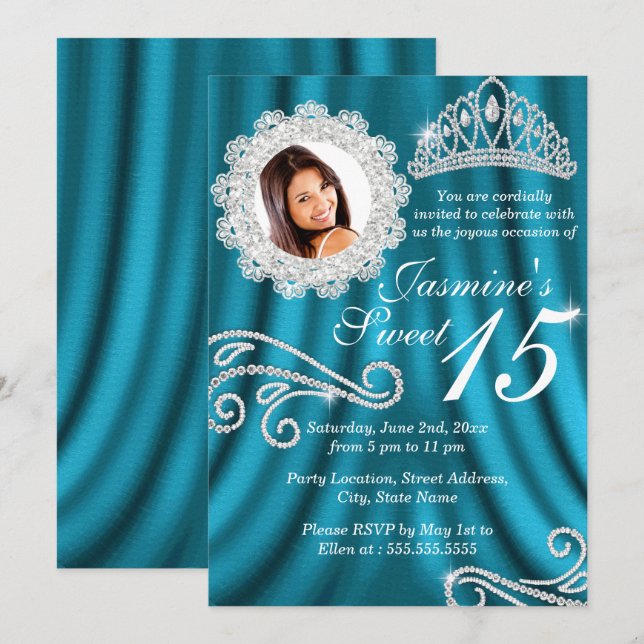 Invitation Silver Diamond Tiara Photo Quinceanera (Devant / Derrière)
