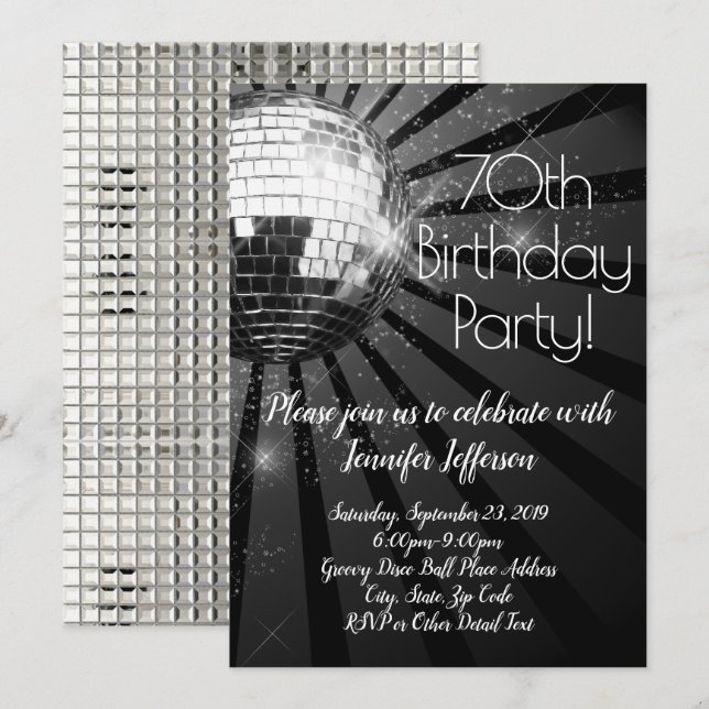 Invitation Silver Disco Ball 70e anniversaire (Devant / Derrière)