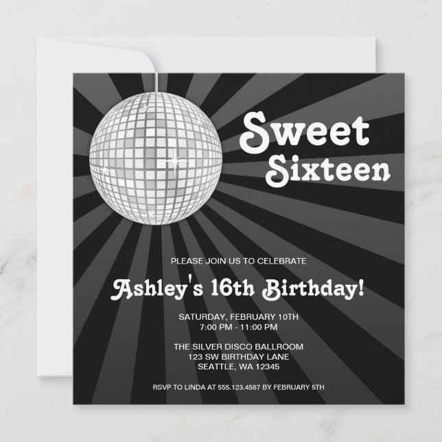 Invitation Silver Disco Ball Sweet 16 Anniversaire (Devant)