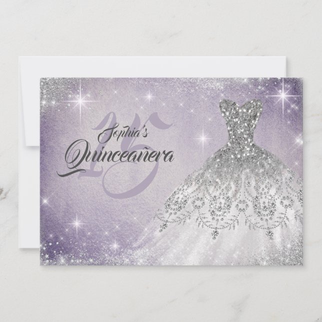 Invitation Silver Doux Violet Dentelle Diamant Gown Quinceane (Devant)