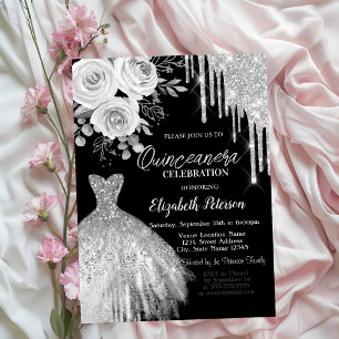 Invitation Silver Drips,Roses de Robe Noires Quinceanera