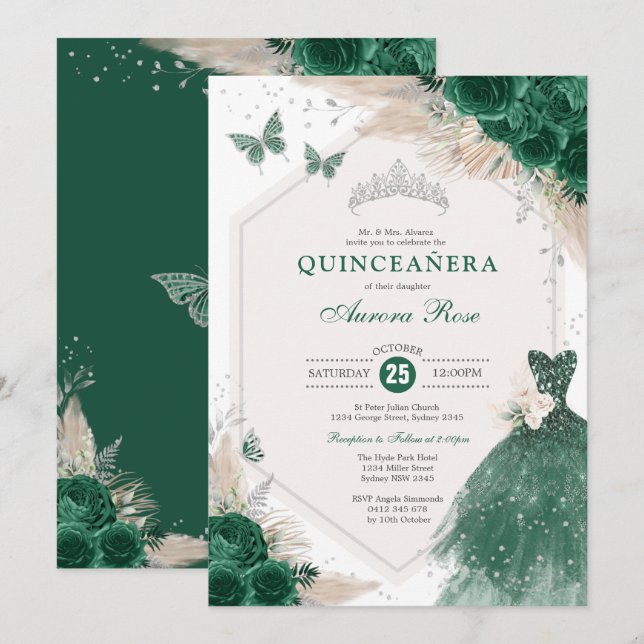 Invitation Silver Emerald Green Boho Roses Quinceañera Party (Devant / Derrière)