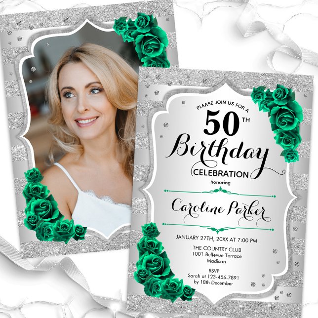 Invitation Silver Emerald Green Photo 50th Birthday (Créateur téléchargé)