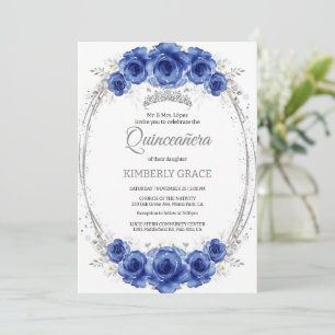 Invitation Silver et Royal Blue Roses Élégante Quinceanera