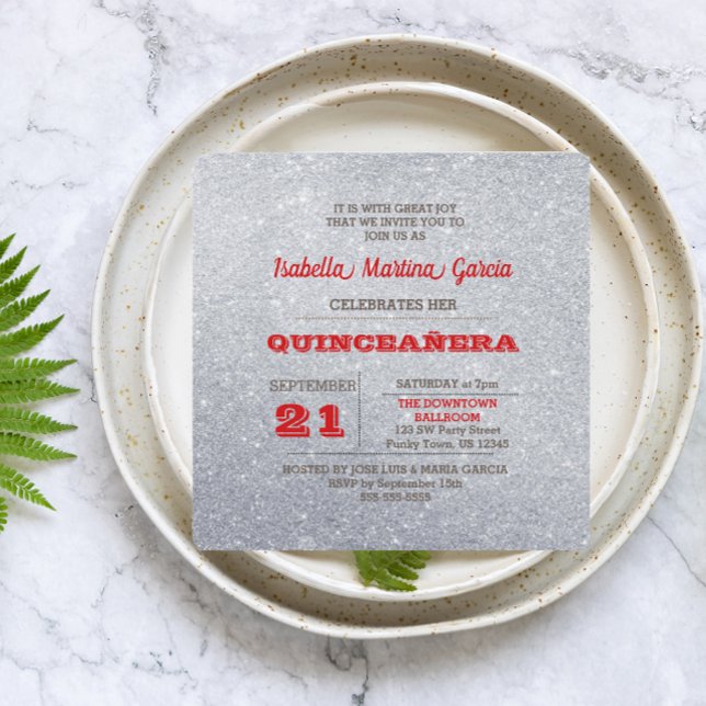 Invitation Silver et Ruby Red Sparkly Quinceañera (Créateur téléchargé)