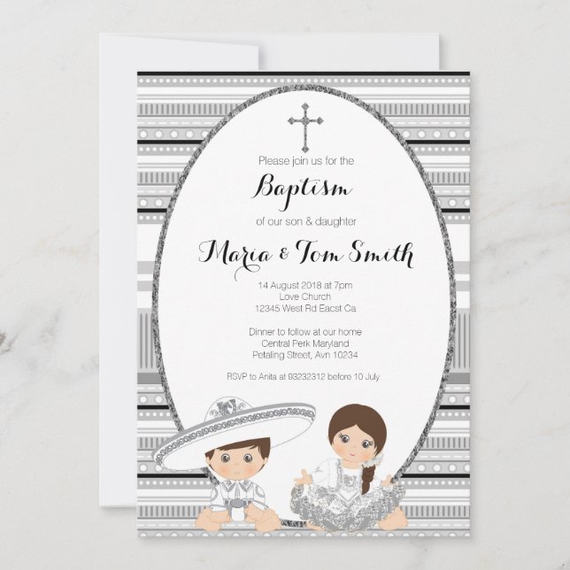 Invitation Silver Fiesta Boy & Girl Baptism Christening (Devant)