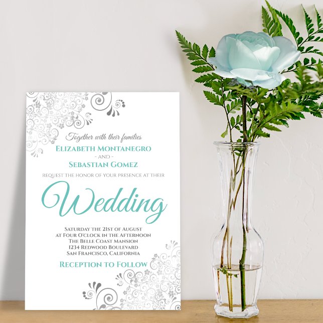 Invitation Silver Filigree Aqua et White Elegant Wedding (Créateur téléchargé)