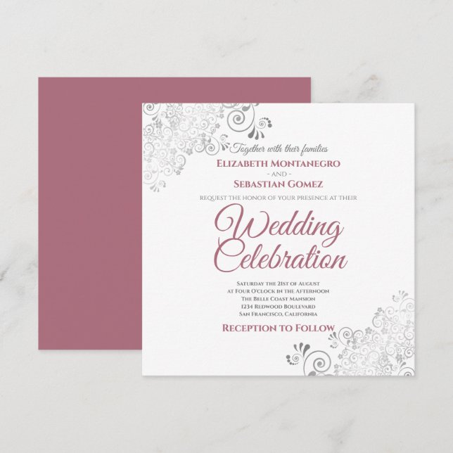 Invitation Silver Filigree Dusty Rose et Carré blanc Mariage (Devant / Derrière)