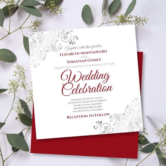 Invitation Silver Filigree Elegant Carré rouge et blanc Maria (Créateur téléchargé)