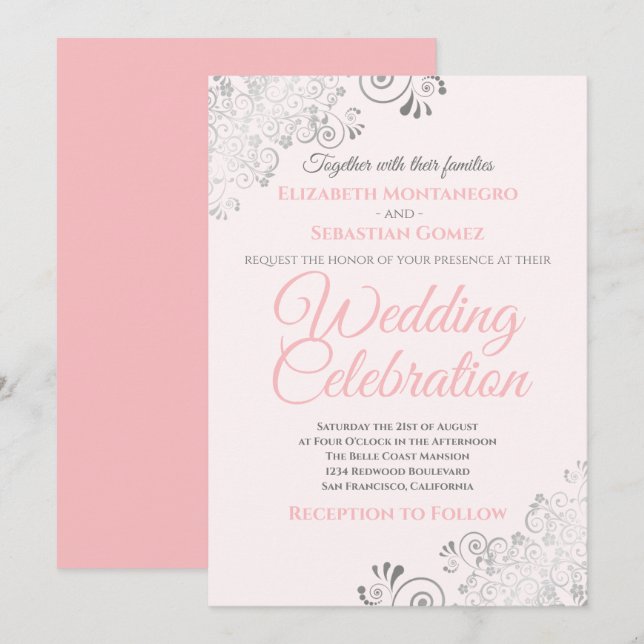 Invitation Silver Filigree Élégant Mariage rose simple (Devant / Derrière)