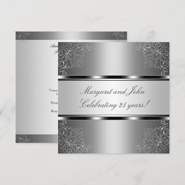 Invitation Silver Floral 25th Anniversary Party (Devant / Derrière)