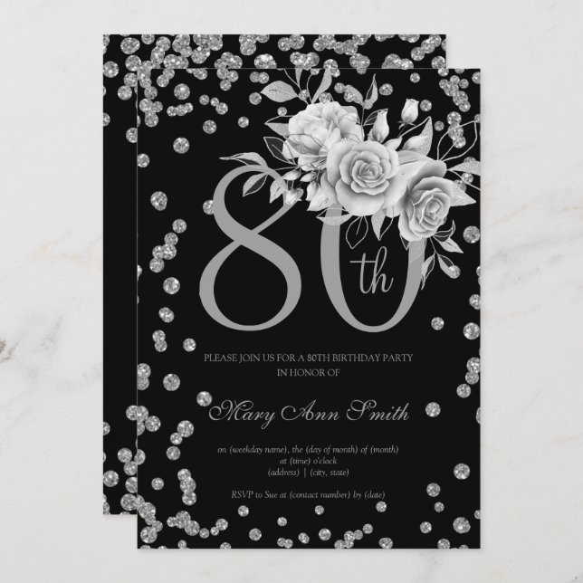 Invitation Silver Floral & Confetti 80e anniversaire fête Noi (Devant / Derrière)