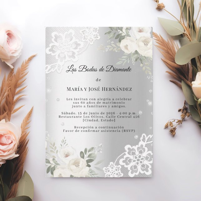 Invitation Silver Florals Invitación Bodas de Diamante (Créateur téléchargé)