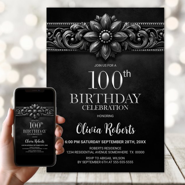 Invitation Silver Flower Black 100th Birthday Party (Créateur téléchargé)