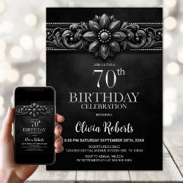 Invitation Silver Flower Black 70th Birthday Party